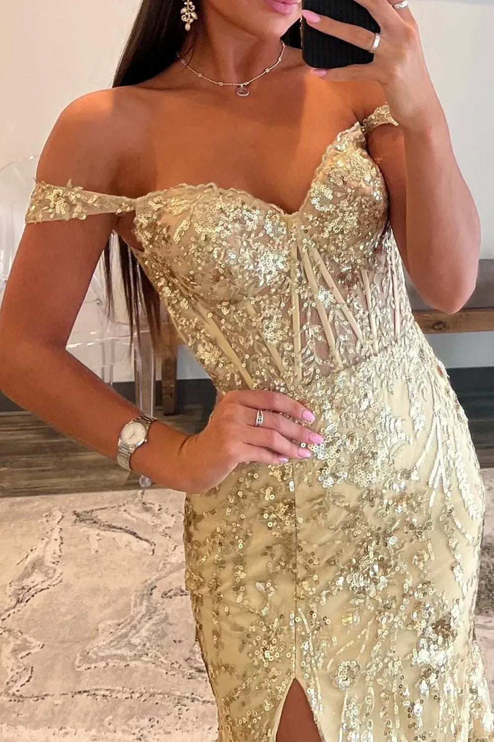 Glamorous Mermaid Sweetheart Off-Shoulder Structured Back Floor-Length Sequin Prom Dress