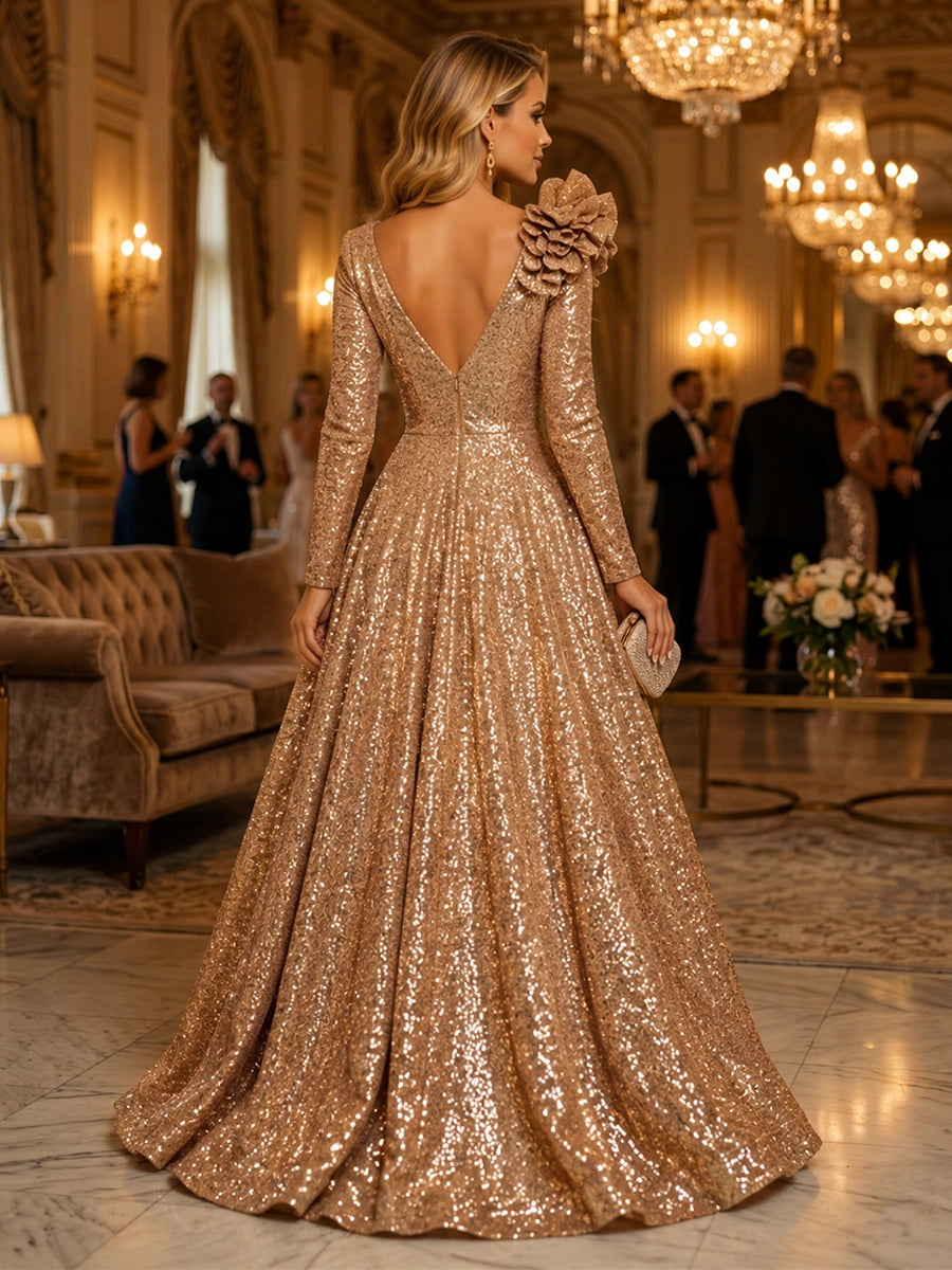 Glamorous A-Line V-Neck Long Sleeve Sequin Floor Length Evening Dress