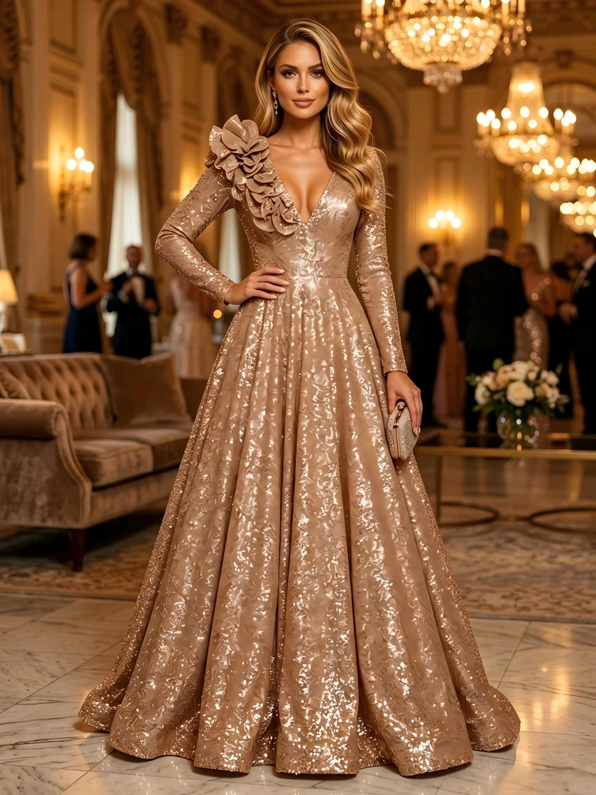 Glamorous A-Line V-Neck Long Sleeve Sequin Floor Length Evening Dress