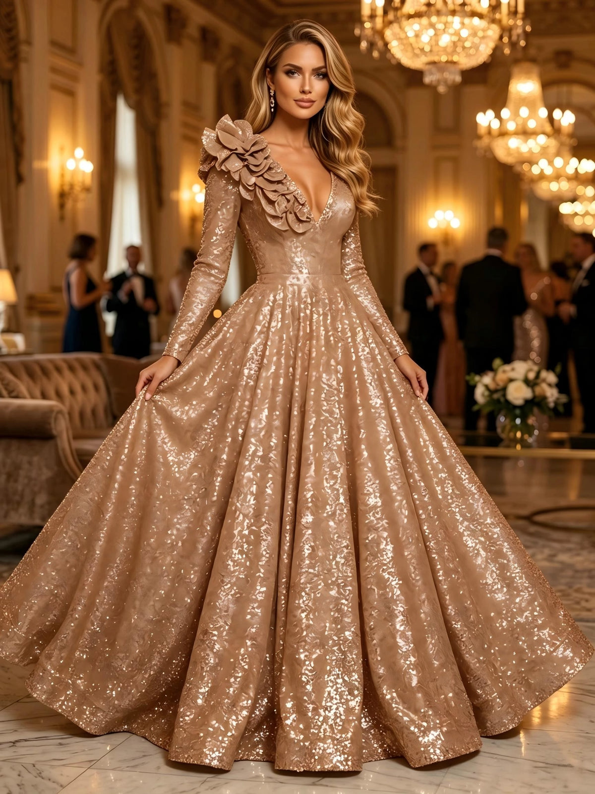 Glamorous A-Line V-Neck Long Sleeve Sequin Floor Length Evening Dress