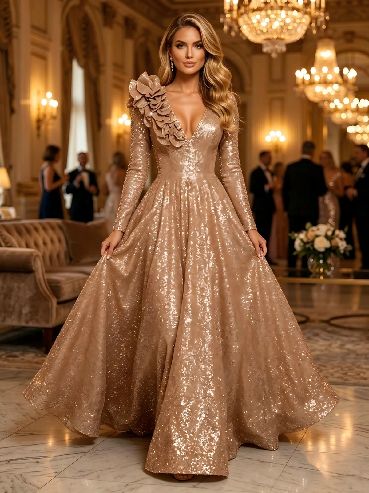 Glamorous A-Line V-Neck Long Sleeve Sequin Floor Length Evening Dress