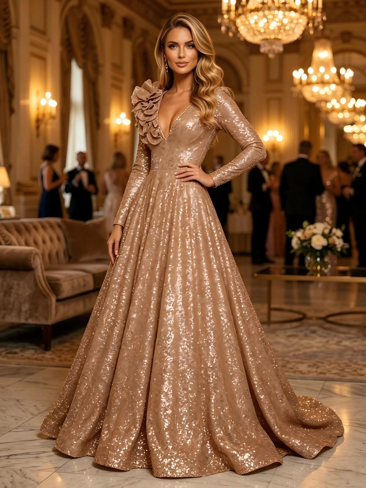 Glamorous A-Line V-Neck Long Sleeve Sequin Floor Length Evening Dress