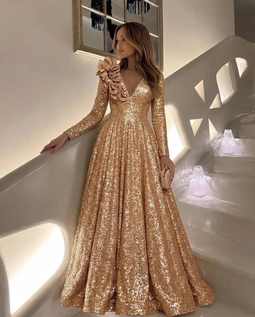 Glamorous A-Line V-Neck Long Sleeve Sequin Floor Length Evening Dress