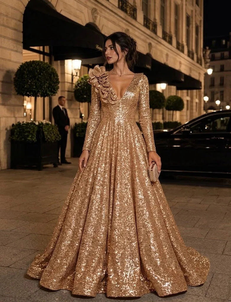 Glamorous A-Line V-Neck Long Sleeve Sequin Floor Length Evening Dress