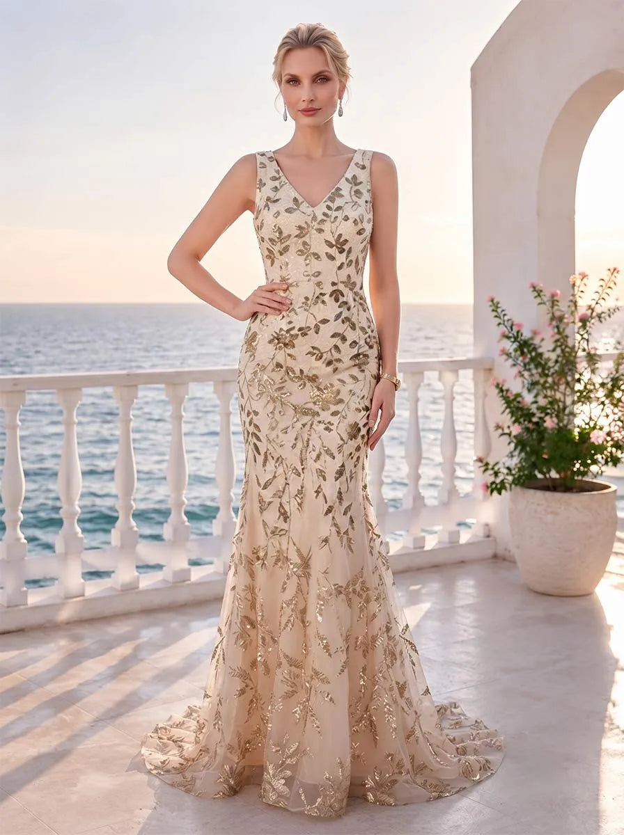 Front view of Loverlm champagne gold V-neck mermaid evening dress with botanical sequin embroidery and sweep train