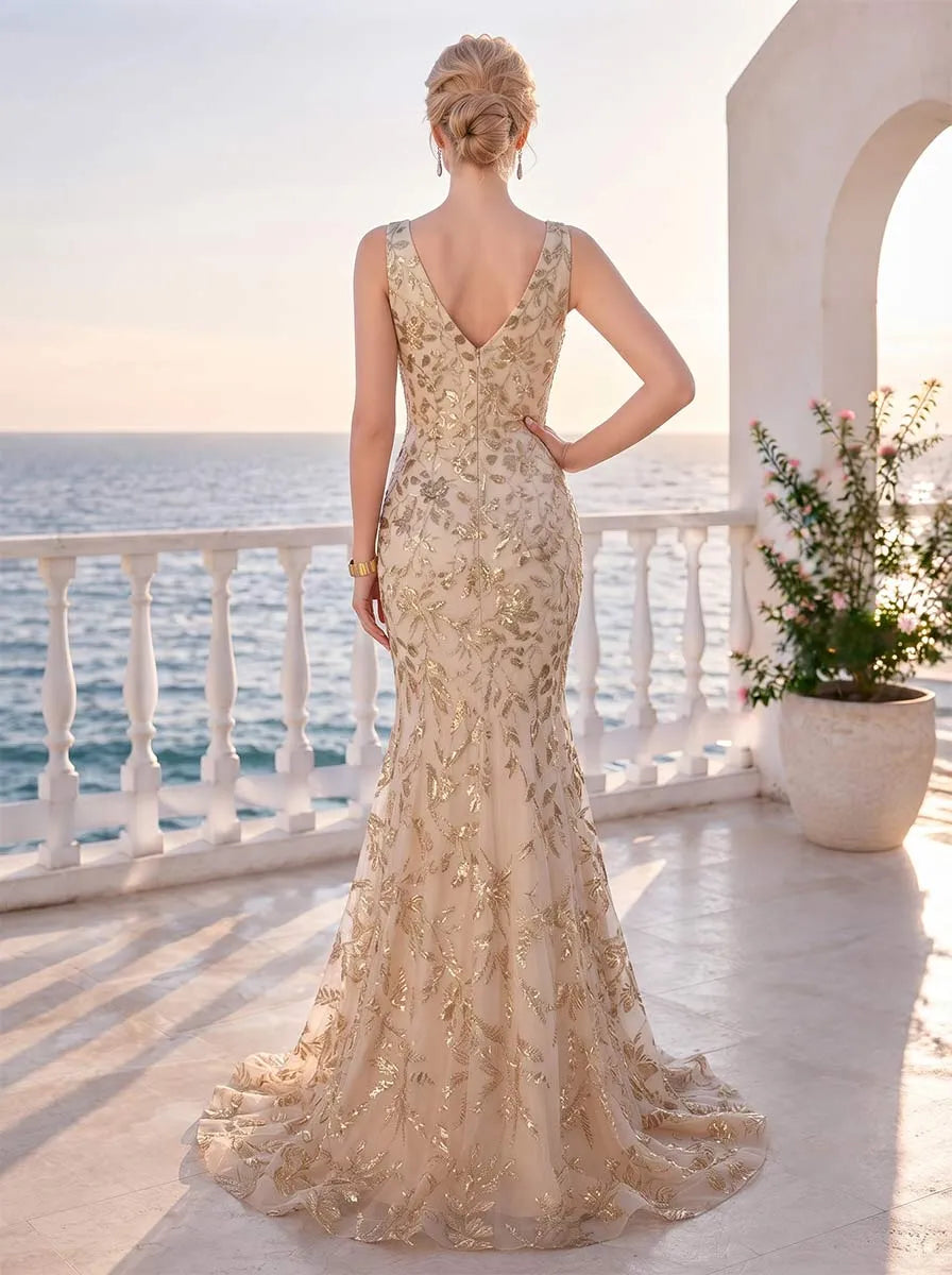 Elegant Mermaid V-Neck Sleeveless Zipper-Back Floor-Length Sequin Evening Dress