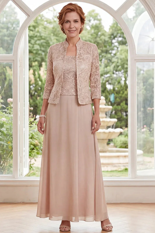 Loverlm champagne lace bodice dress with an ankle-length chiffon skirt, styled with an open-front three-quarter sleeve lace jacket.