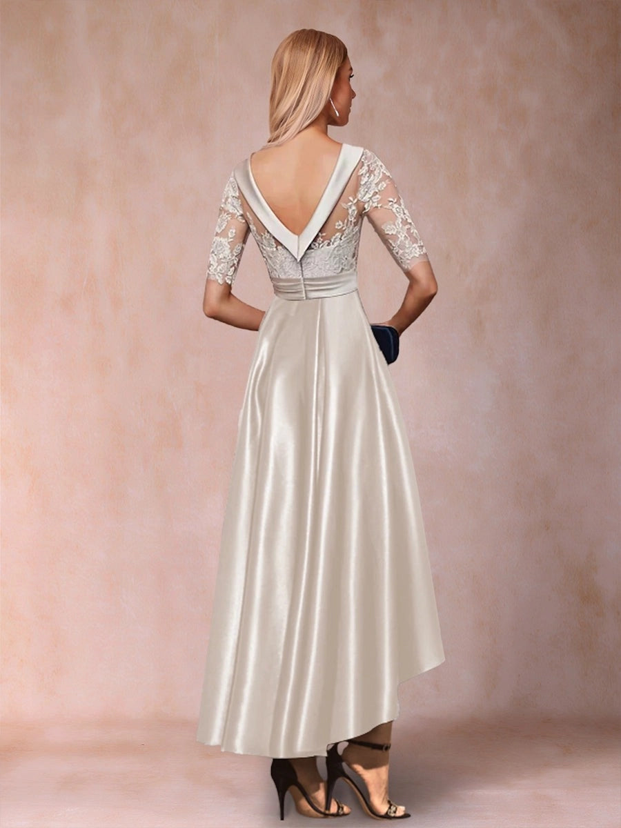 Elegant A Line Cowl Neck Elbow Sleeve V Back High Low Midi Mother of the Bride Dress