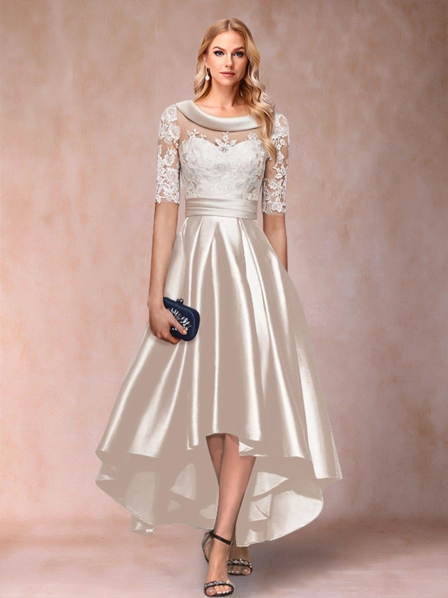 Loverlm champagne A-line mother of the bride dress with lace sleeves and high low skirt