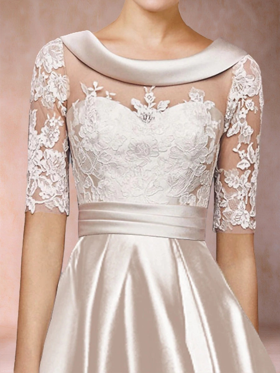 Elegant A Line Cowl Neck Elbow Sleeve V Back High Low Midi Mother of the Bride Dress