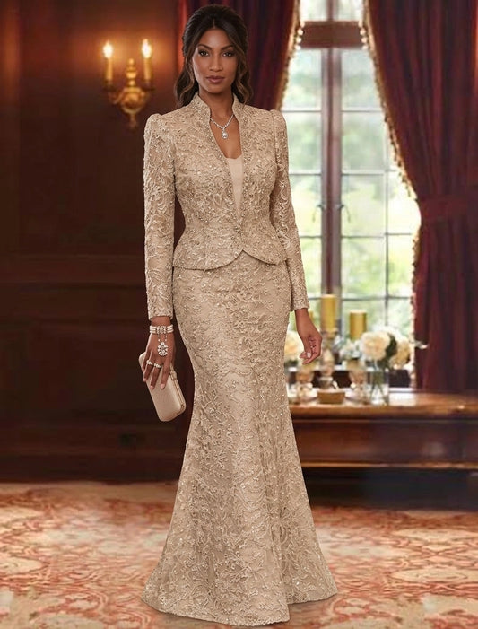 Champagne lace mermaid Mother of the Bride Dress with long sleeve jacket and sequin embellishment by Loverlm