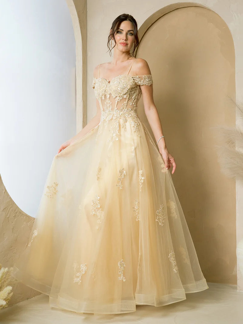 Loverlm champagne sweetheart off-shoulder lace A-line prom dress front view