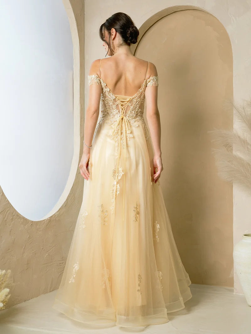 Romantic A-Line Sweetheart Off-Shoulder Lace-Up Tulle Floor-Length Prom Dress