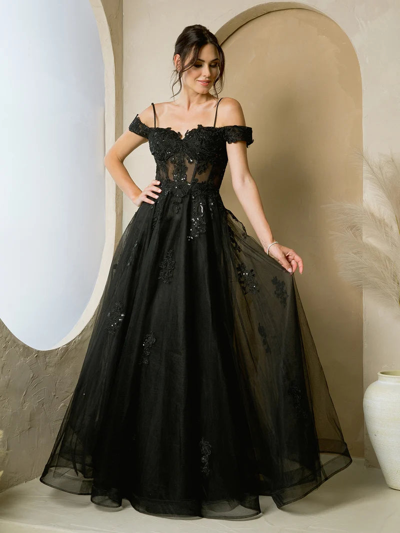 Romantic A-Line Sweetheart Off-Shoulder Lace-Up Tulle Floor-Length Prom Dress