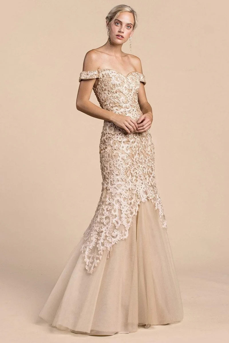 Loverlm champagne lace sweetheart off-shoulder mermaid evening dress front view