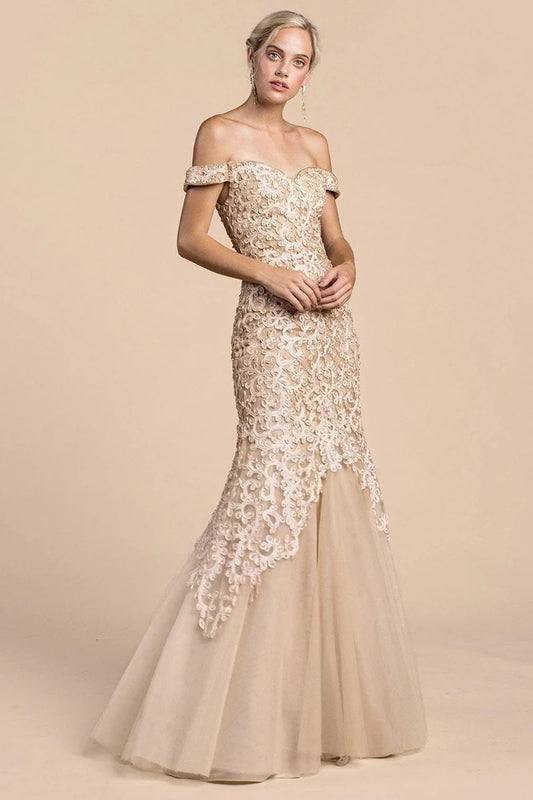 Loverlm champagne lace sweetheart off-shoulder mermaid evening dress front view