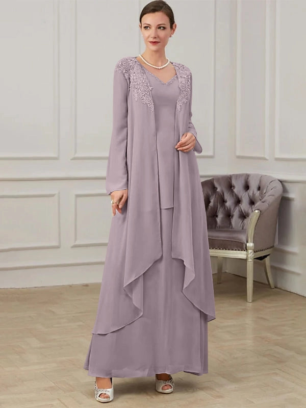 Elegant A-Line V-Neck Long Sleeve Closed Back Layered Floor Length Mother of the Bride Dress