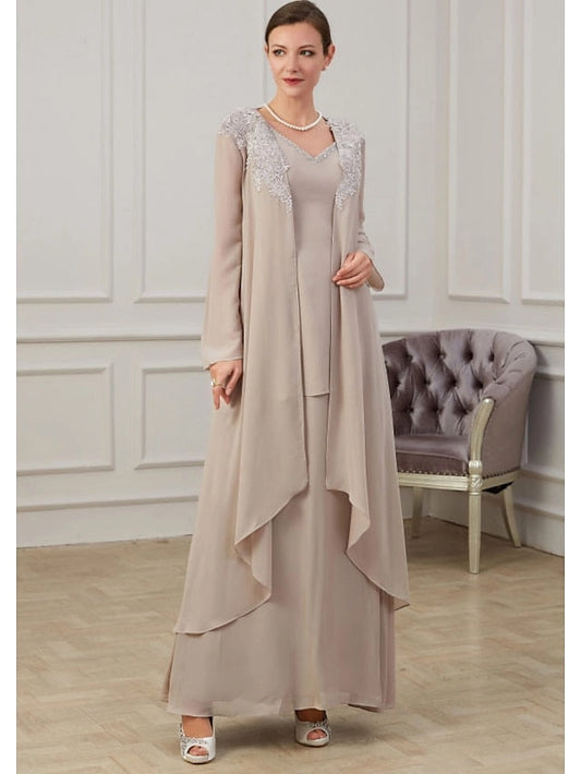 Champagne long sleeve Mother of the Bride Dress with V-neckline, delicate lace appliqué shoulders, flowing open-front overlay and layered floor-length skirt by Loverlm.