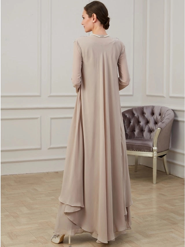 Elegant A-Line V-Neck Long Sleeve Closed Back Layered Floor Length Mother of the Bride Dress