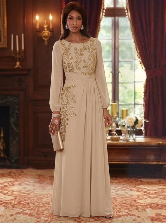 Champagne A-line Mother of the Bride Dress with gold embellishment and long sleeves by Loverlm