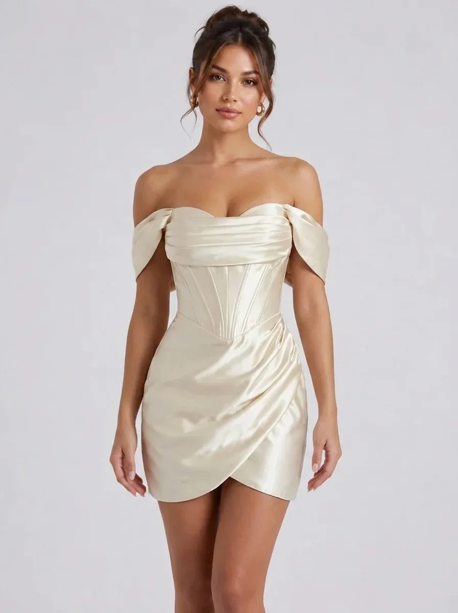 Loverlm champagne off shoulder corset mini homecoming dress with sweetheart neckline front view