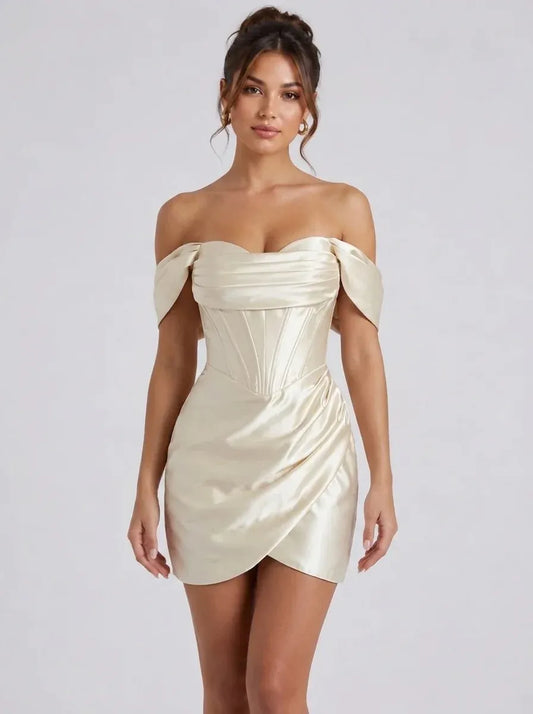 Loverlm champagne off shoulder corset mini homecoming dress with sweetheart neckline front view