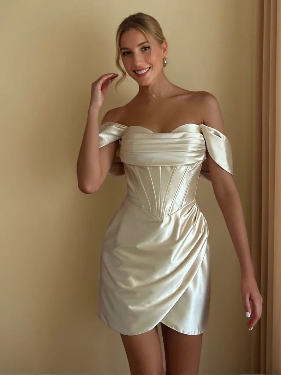 Elegant Sheath Sweetheart Off Shoulder Short Sleeve Mini Homecoming Dress