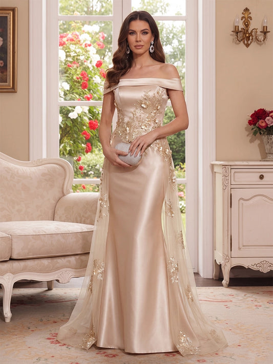 Loverlm champagne off-shoulder mother of the bride dress with floral embroidery, satin-look fitted gown and flowing sheer overskirt front view