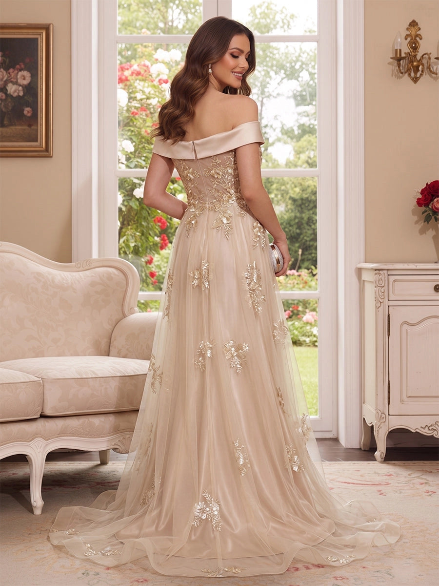 Elegant A-Line Off-Shoulder Sleeveless Zip-Back Floor-Length Mother of the Bride Dress
