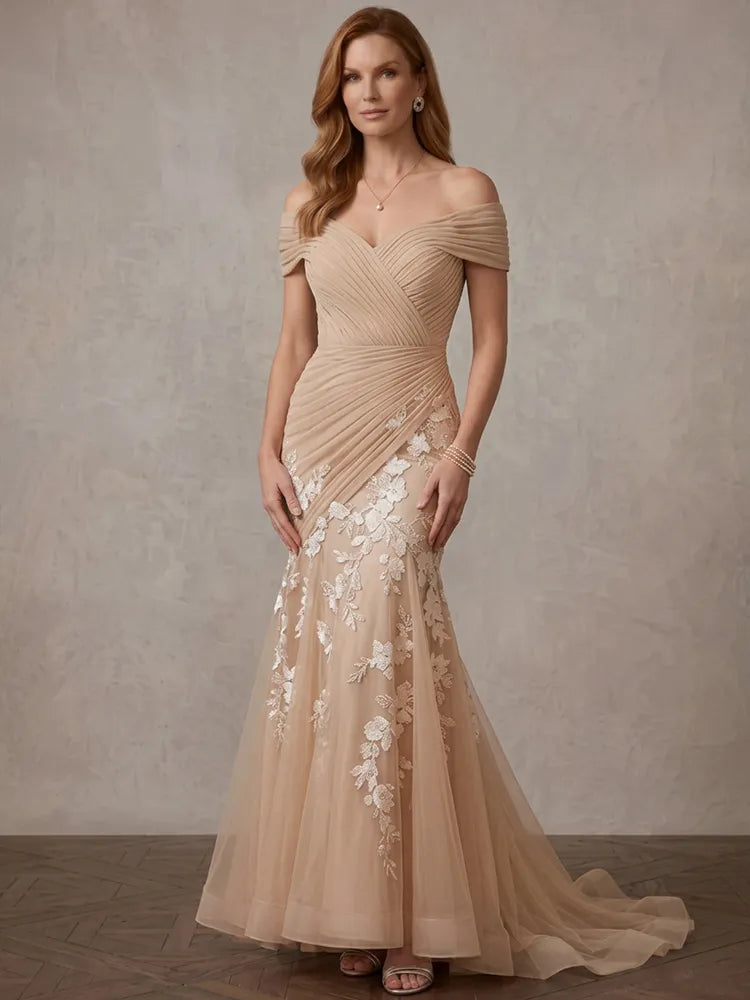 Loverlm champagne Mother of the Bride dress with off-shoulder pleated bodice lace appliqué mermaid silhouette and floor-length train