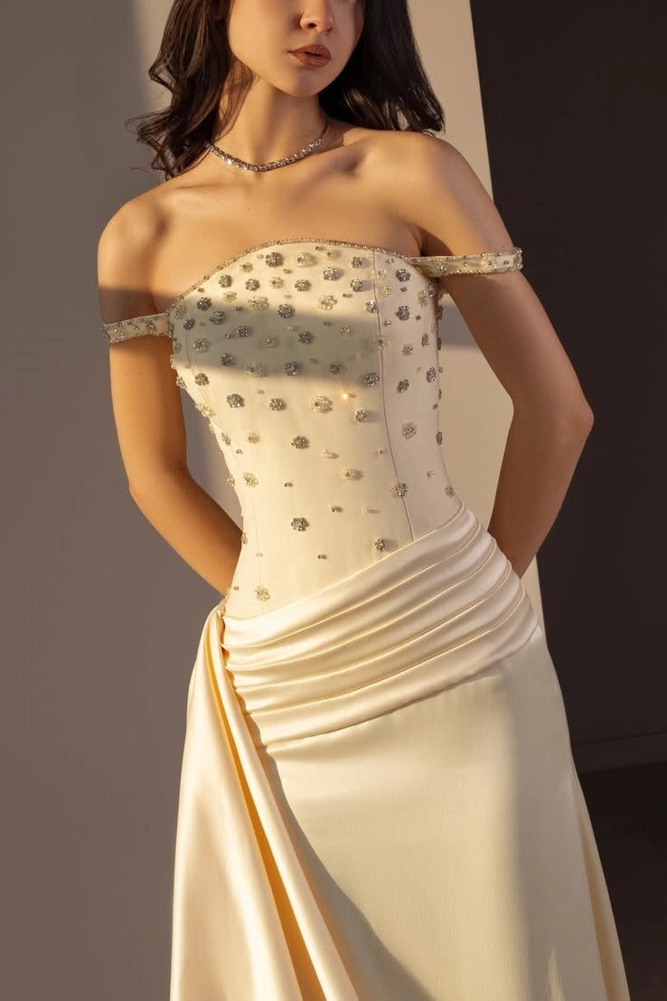 Loverlm Elegant Sheath Sweetheart Off-Shoulder Low-Back Draped Train Floor-Length Prom Dress