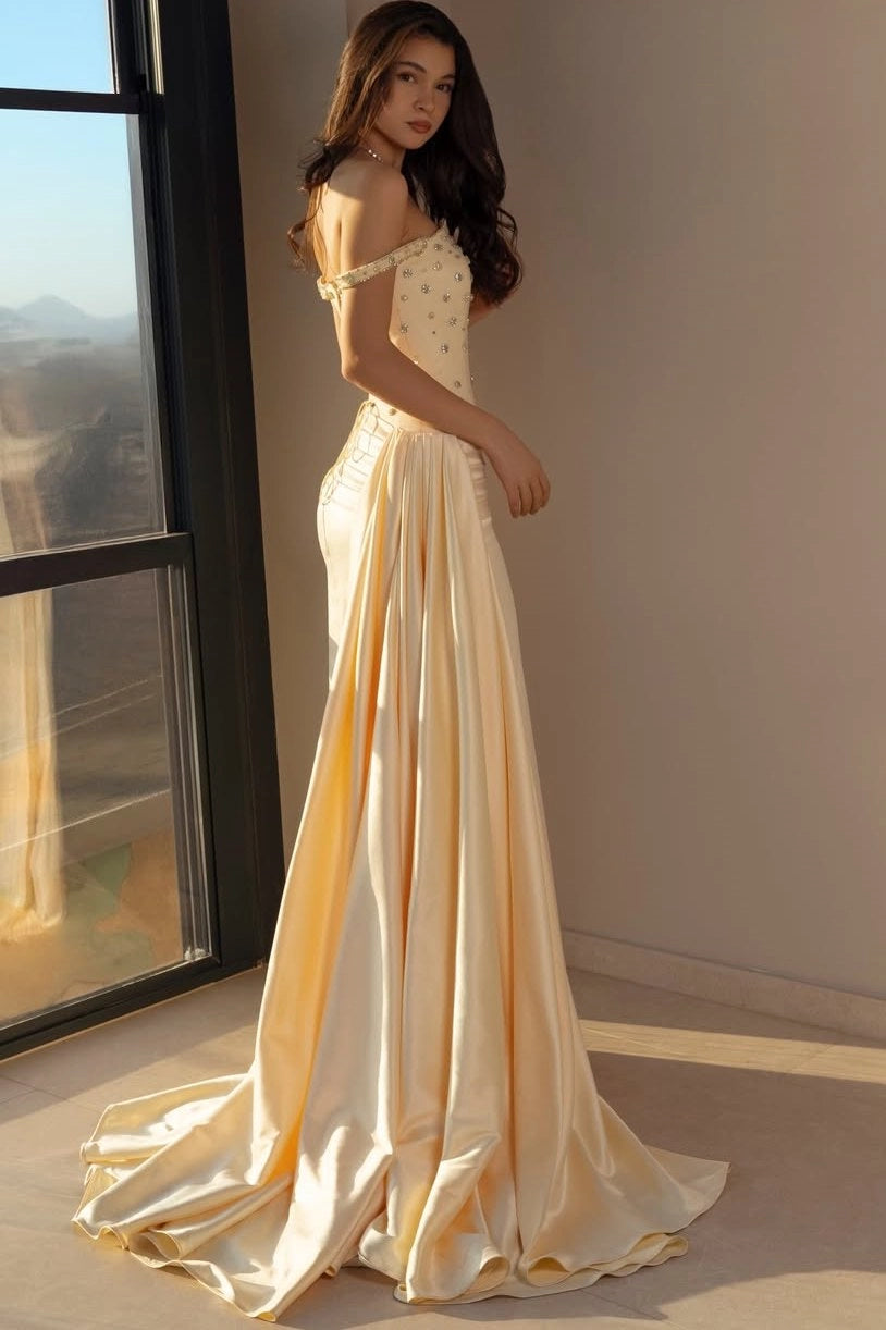 Loverlm Elegant Sheath Sweetheart Off-Shoulder Low-Back Draped Train Floor-Length Prom Dress