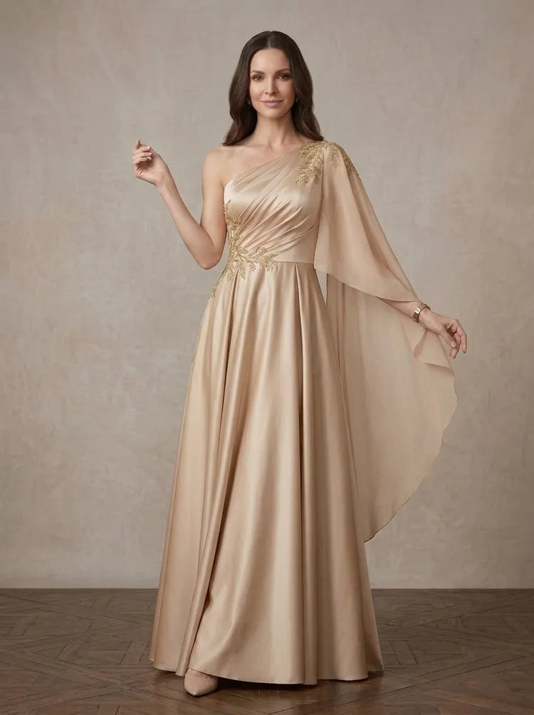 Loverlm champagne gold Mother of the Bride dress with one-shoulder neckline cape sleeve gold leaf appliqué ruched bodice and satin floor-length skirt