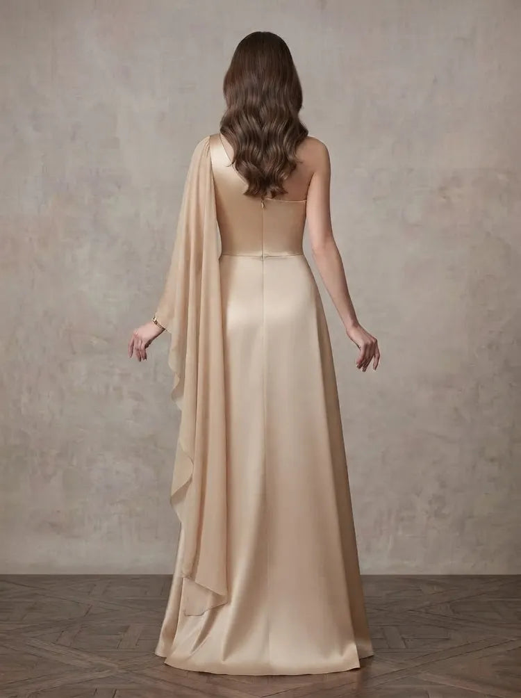 Elegant A-Line One-Shoulder Cape-Sleeve Satin Floor-Length Mother of the Bride Dress