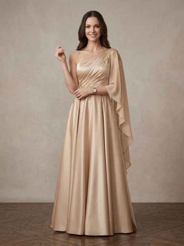 Elegant A-Line One-Shoulder Cape-Sleeve Satin Floor-Length Mother of the Bride Dress