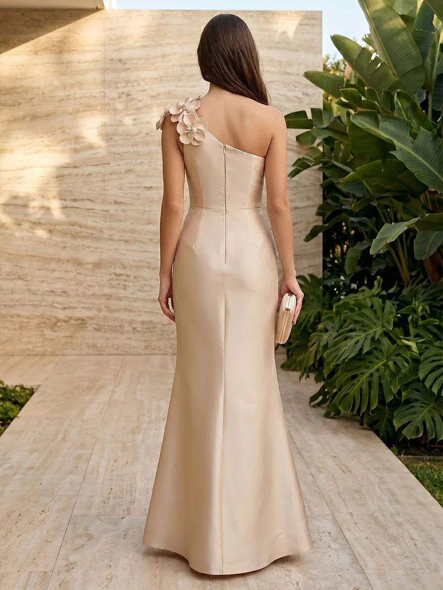 Elegant Mermaid One Shoulder Sleeveless Satin Floor Length Wedding Guest Dress