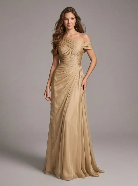 Loverlm champagne one-shoulder ruched floor length Mother of the Bride dress front view