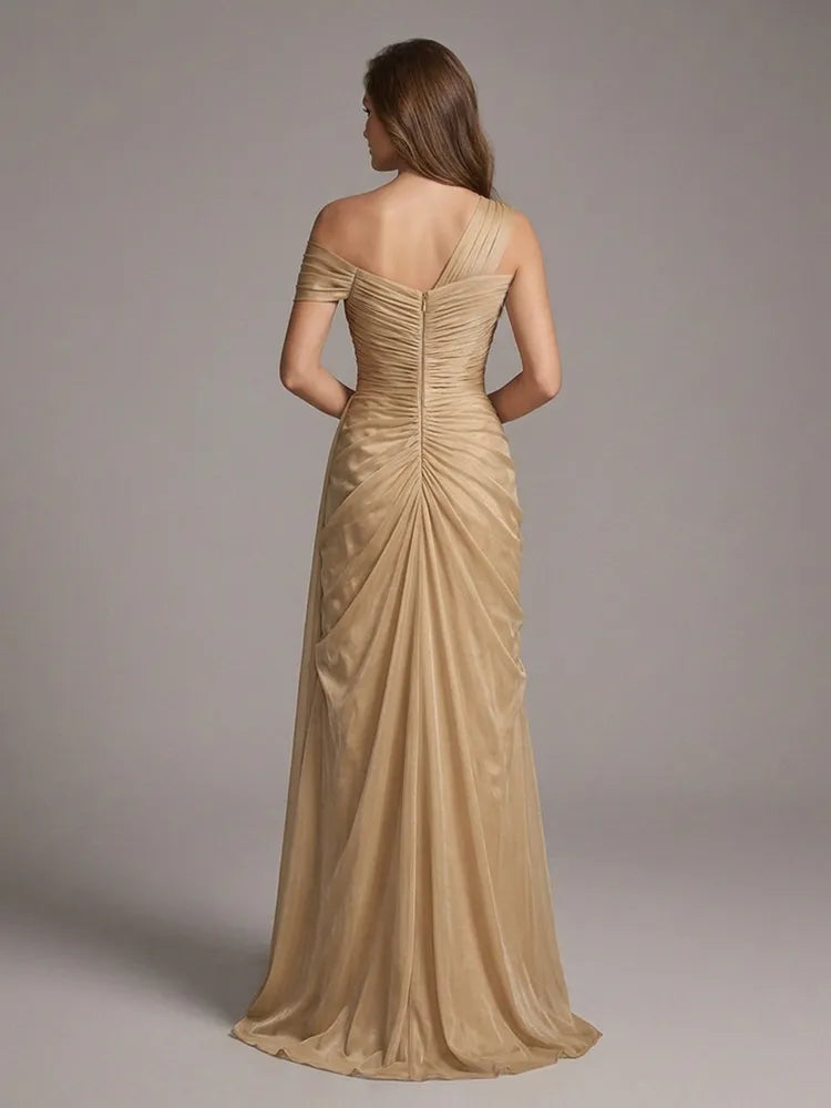 Elegant Sheath One-Shoulder Short Sleeve Chiffon Floor-Length Evening Dress