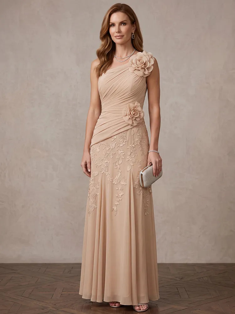 Loverlm champagne Mother of the Bride dress with one-shoulder neckline 3D rosettes ruched bodice lace appliqué and floor-length silhouette