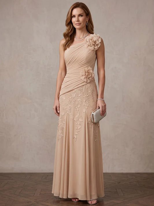 Loverlm champagne Mother of the Bride dress with one-shoulder neckline 3D rosettes ruched bodice lace appliqué and floor-length silhouette
