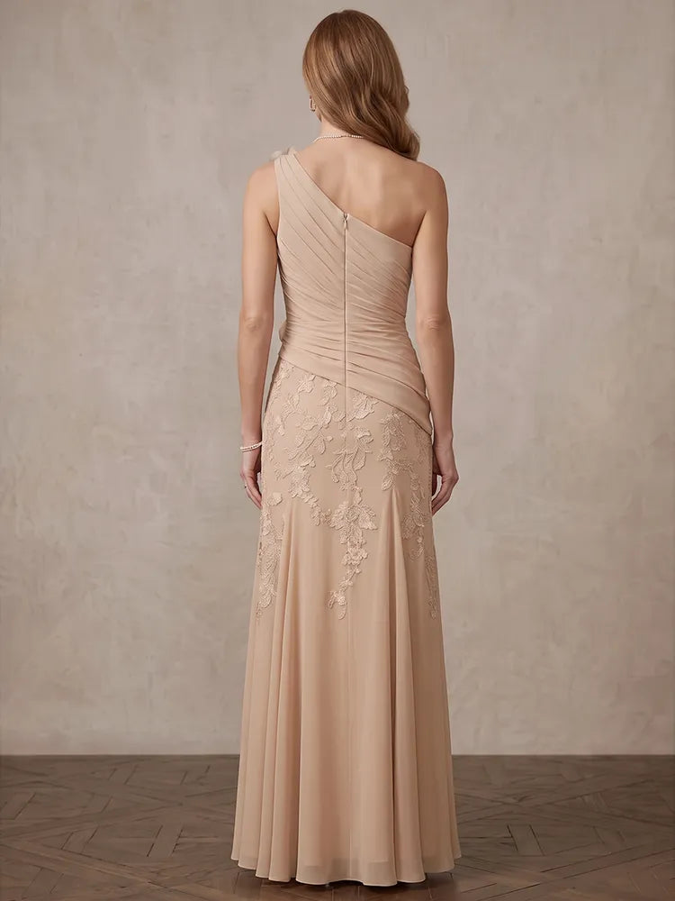 Elegant Sheath One-Shoulder Sleeveless Lace Rosette Floor-Length Mother of the Bride Dress