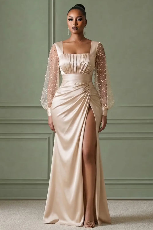 Loverlm champagne Mother of the Bride dress with square neckline pearl sheer sleeves ruched waist and high-slit floor-length skirt