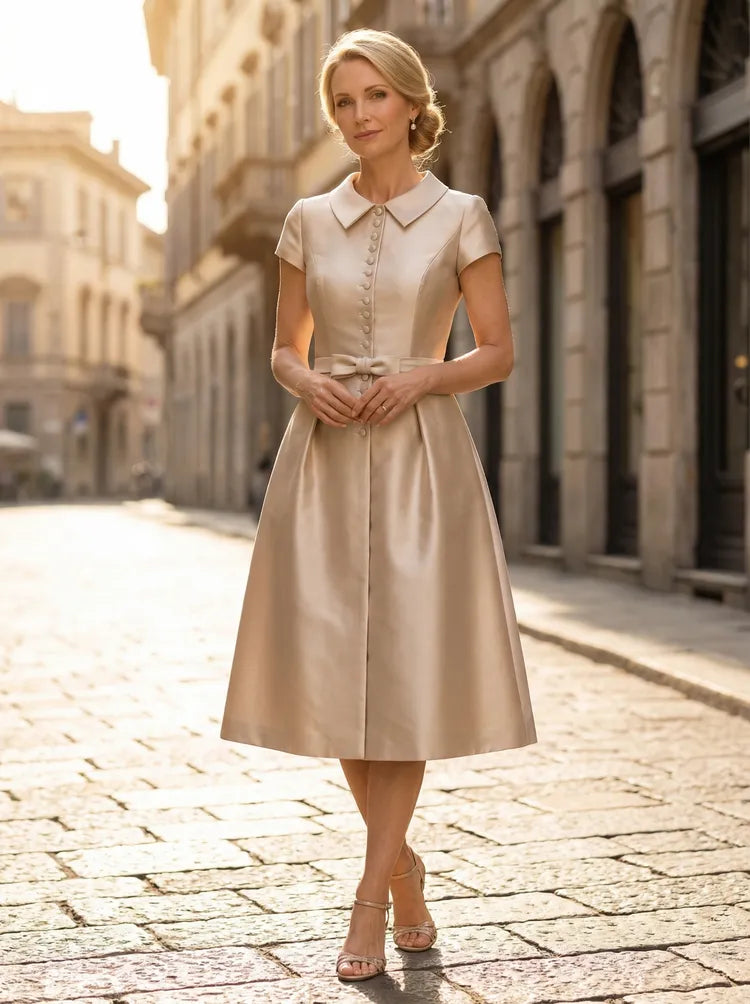 Loverlm champagne satin Wedding Guest dress with Peter Pan collar short sleeves button front bow waist and tea-length A-line skirt