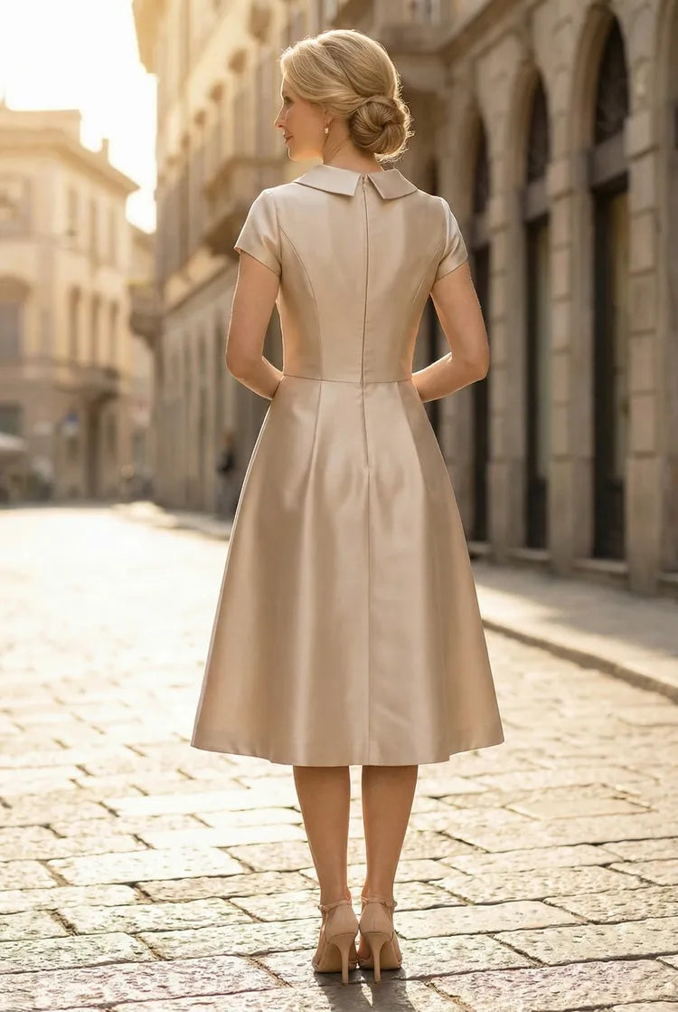 Elegant A-Line Peter-Pan-Neck Short-Sleeve Satin Tea-Length Wedding Guest Dress
