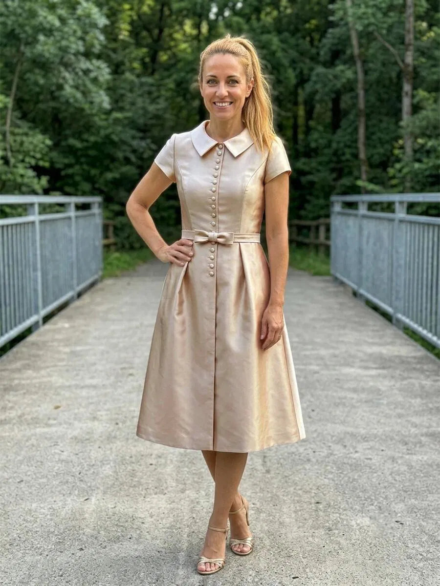Elegant A-Line Peter-Pan-Neck Short-Sleeve Satin Tea-Length Wedding Guest Dress