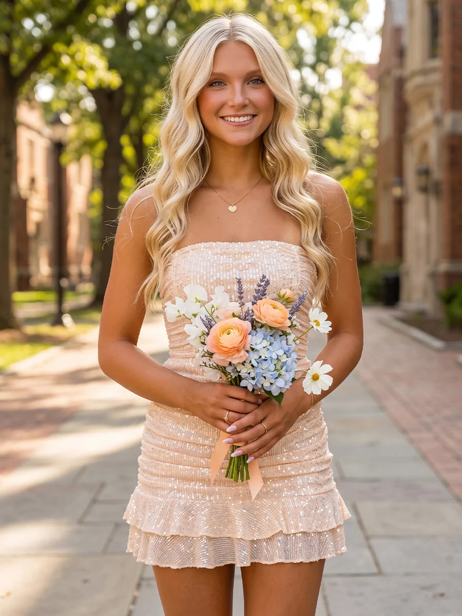 Sparkling Sheath Strapless Zipper Back Tiered Ruffle Mini Homecoming Dress