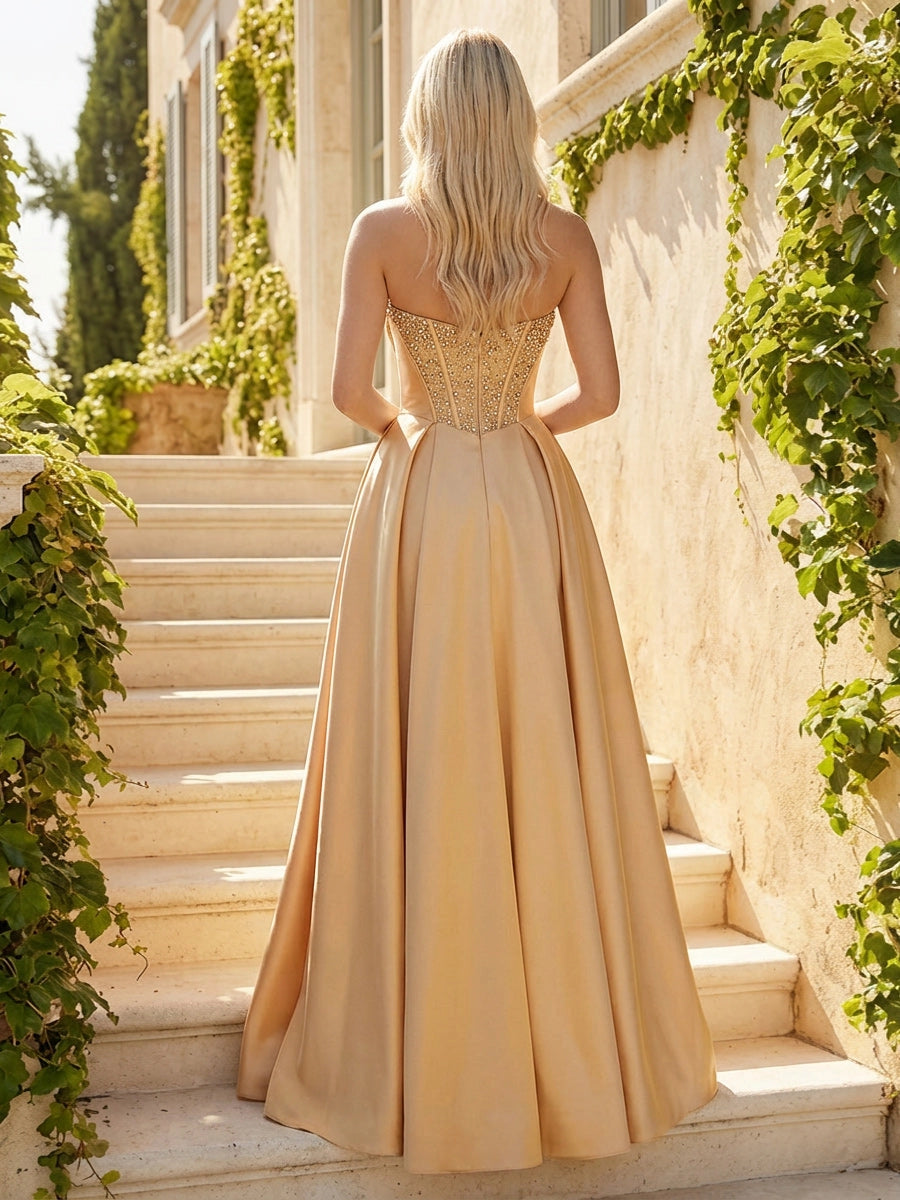 Elegant Satin A-Line Strapless Beaded Corset High Slit Prom Dress
