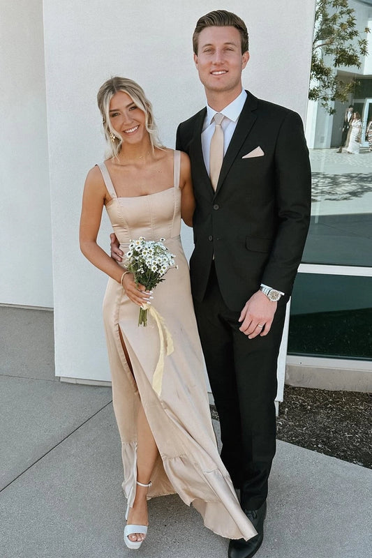 Loverlm champagne satin wedding guest dress with square neckline, wide straps and side slit