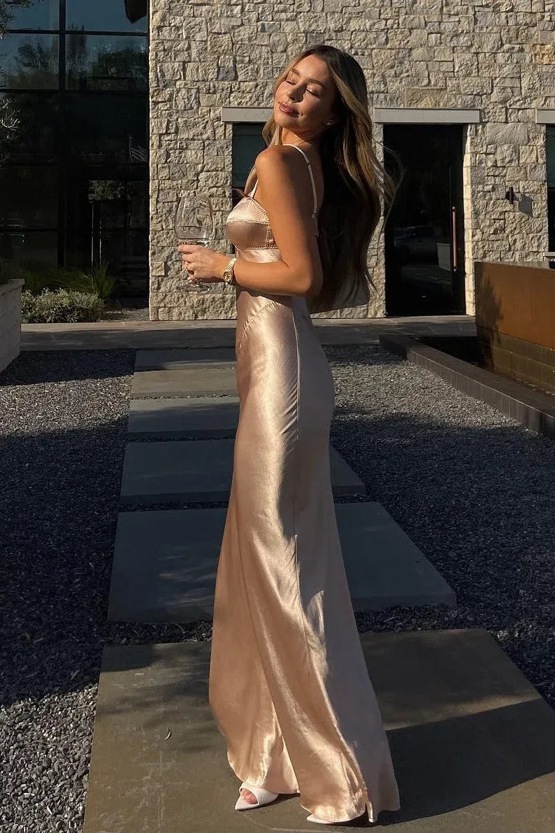 Loverlm Elegant Satin Mermaid Sweetheart Spaghetti Strap Open Back Long Party Dress