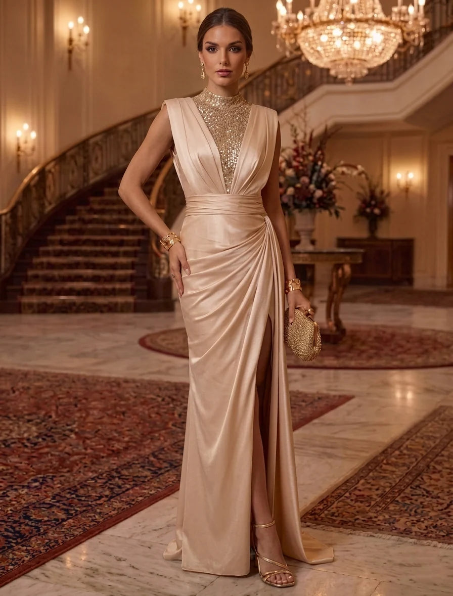 Champagne satin sheath evening dress with gold sequin high neck illusion panel, plunging V neckline, ruched waist, thigh-high slit and floor-length skirt by Loverlm